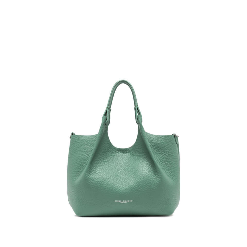 Dua handbag in green double grain leather with simple contemporary design and dual handles.