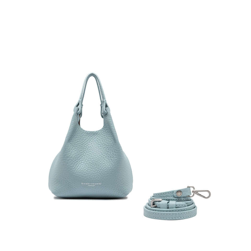 Light blue leather handbag from DUA with detachable strap, designed for a contemporary look.