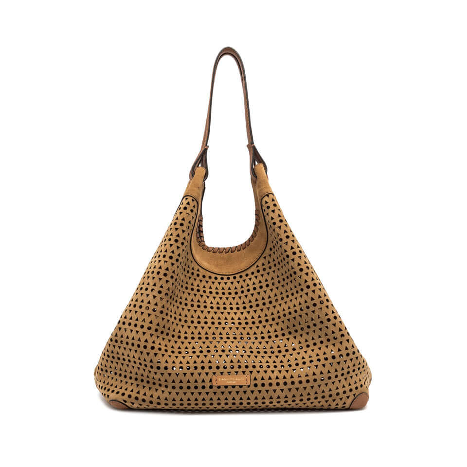 Contemporary DUA bag in perforated suede, featuring a zip pouch and adjustable side clips, dimensions 34x38x16 cm.