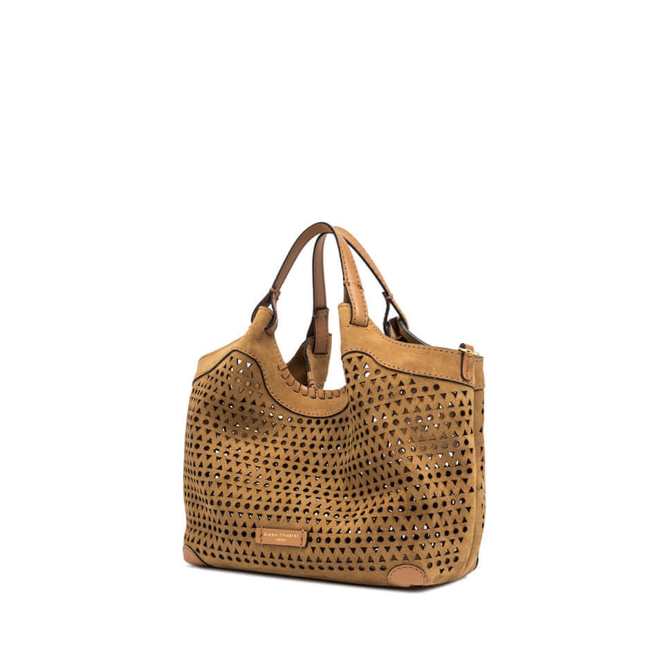 DUA brand handbag made of perforated suede, featuring a zip pouch and adjustable hooks on the sides for stylish practicality.