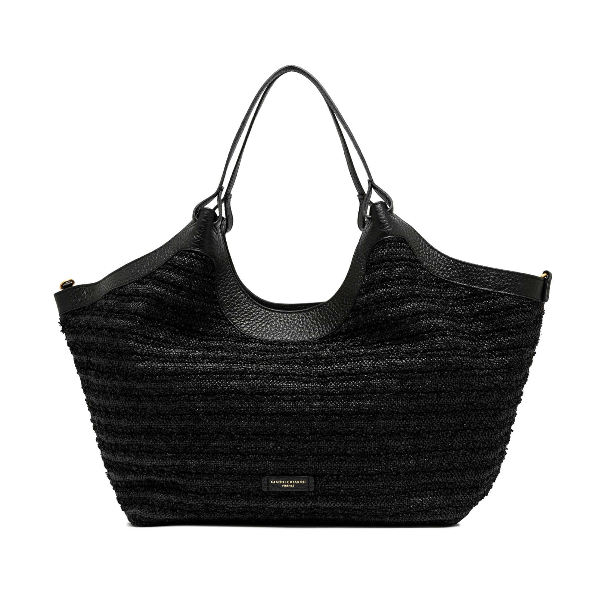 Stylish DUA black straw bag with textured leather handles and practical design, perfect for elevating any outfit.