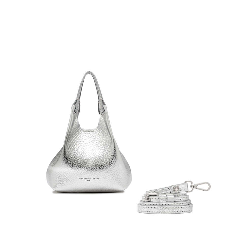 Elegant silver DUA handbag in embossed leather with detachable strap, perfect for enhancing any outfit.