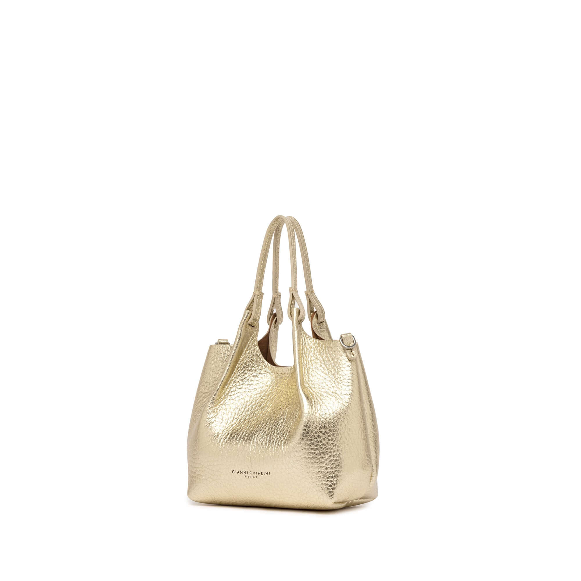 Gold bubble leather bag by DUA with dual handles and minimalist design, perfect for any outfit.