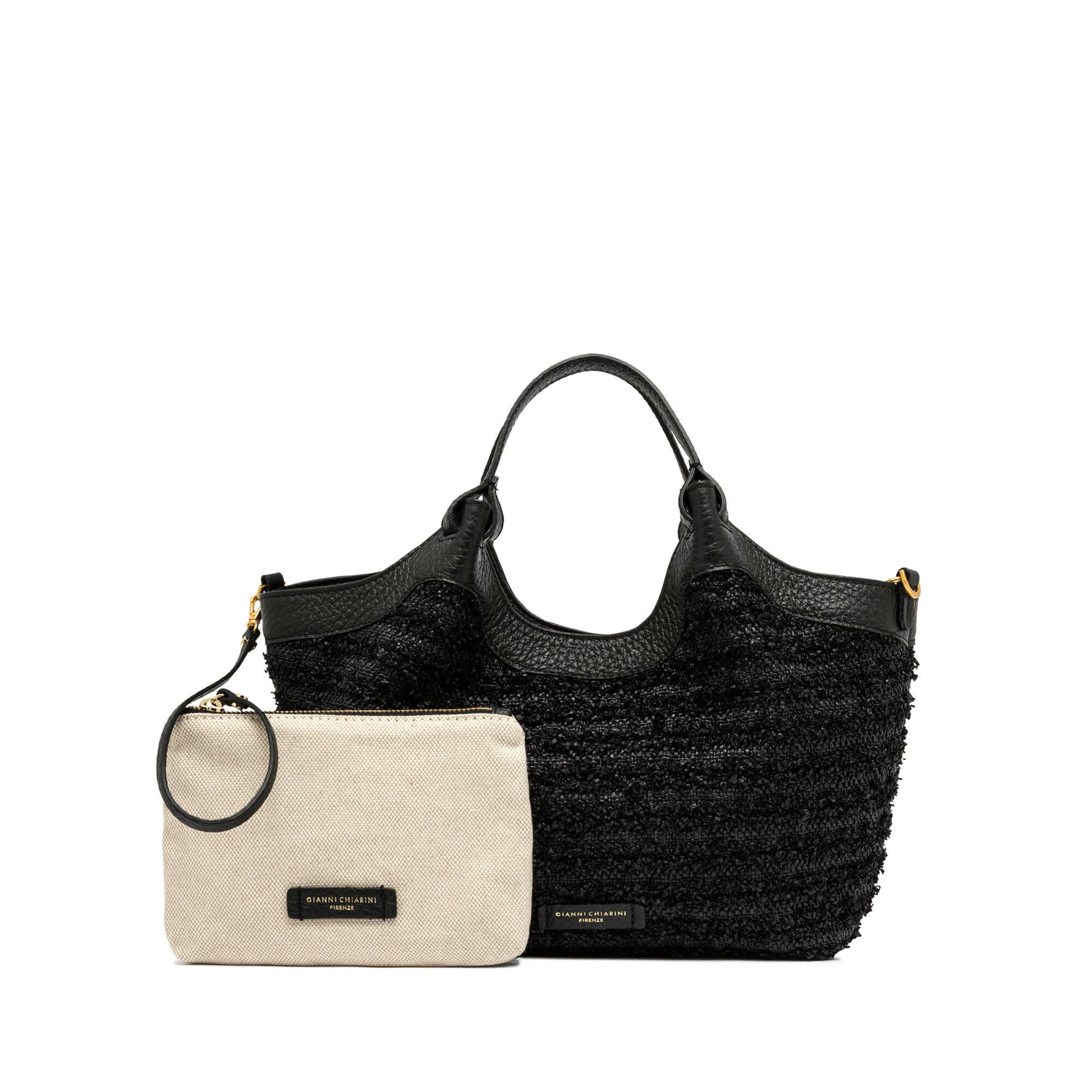 DUA versatile straw bag with leather handles and a detachable pouch, dimensions 24x27x12 cm, stylish and functional.