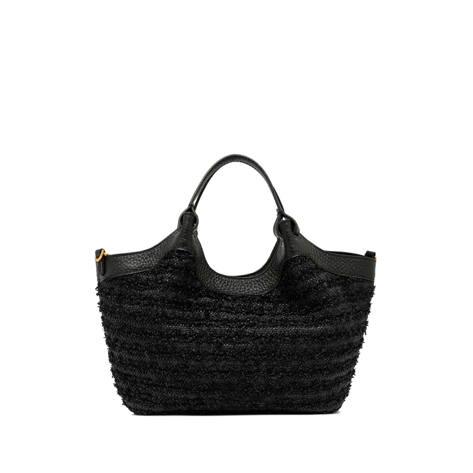 DUA straw bag with leather handles, versatile design, 24x27x12 cm, perfect for shoulder or hand carry.