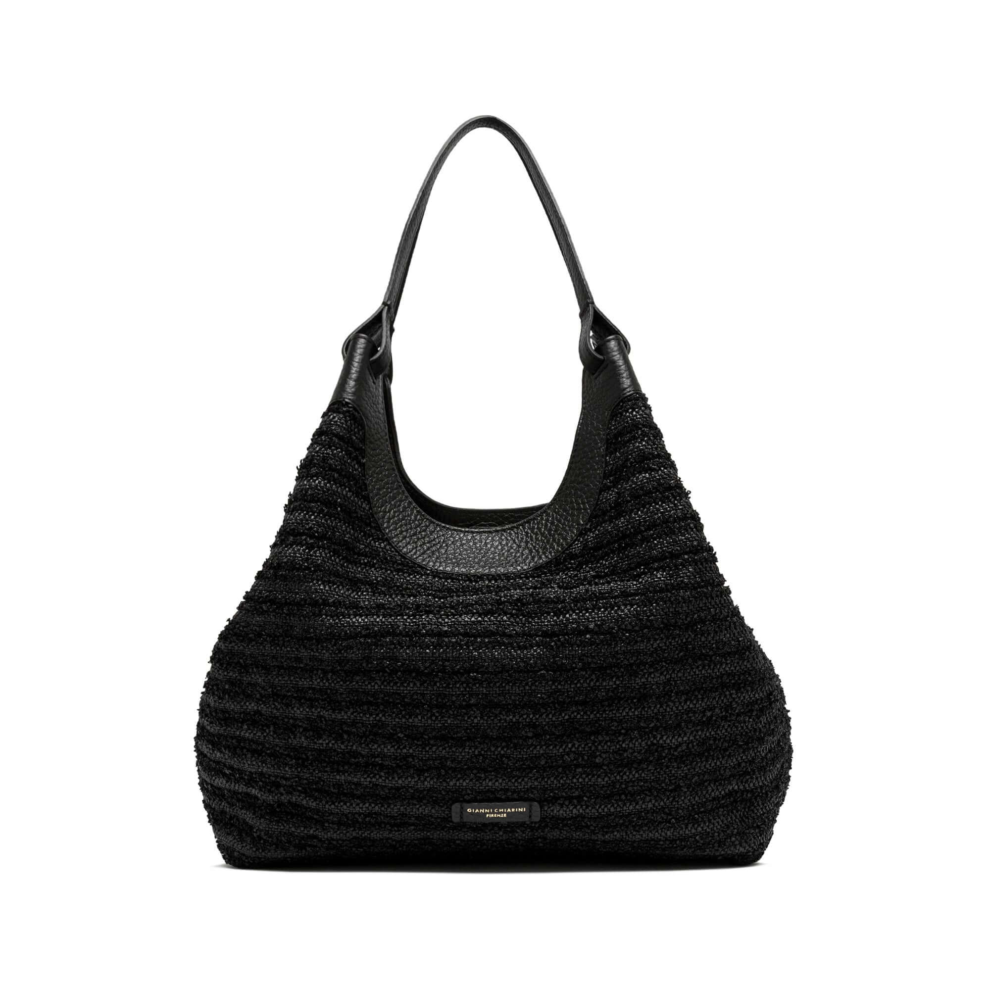 Stylish DUA black straw hobo bag with leather accents and double handles, perfect for elevating any outfit.
