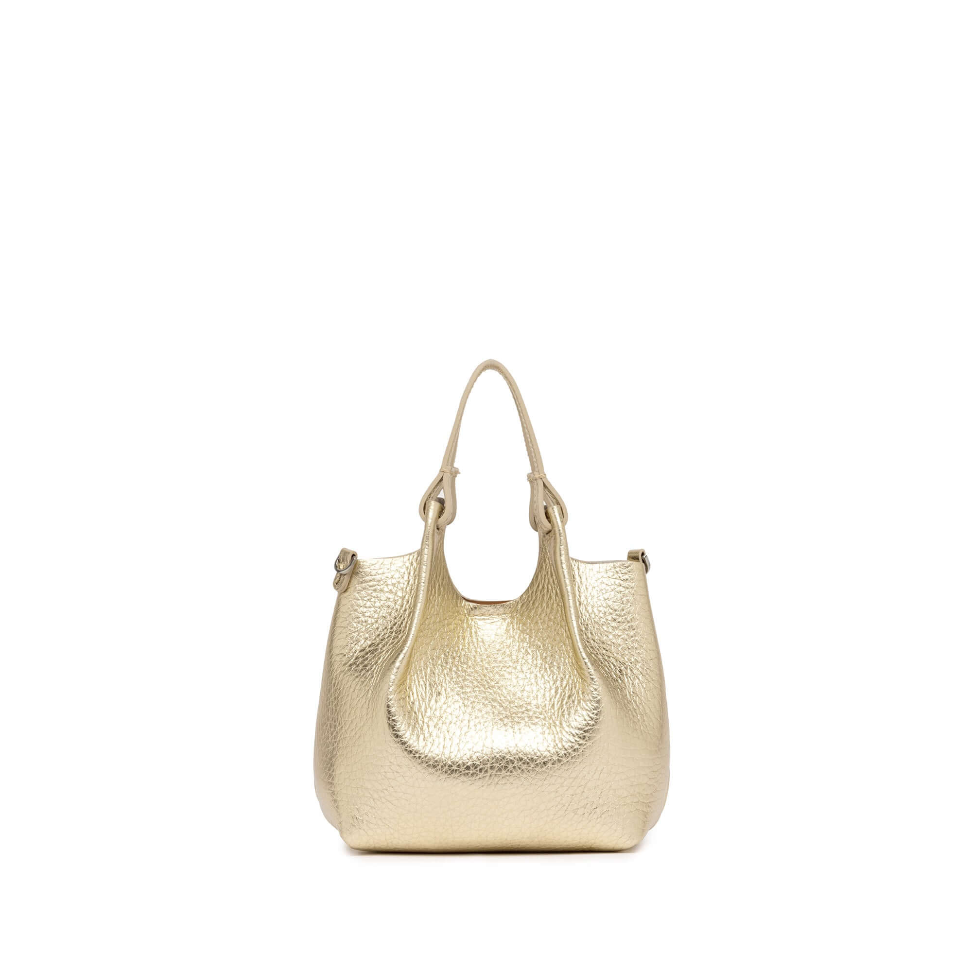 Borsa DUA in pelle bubble double color oro con manici, dimensioni 19x20x8 cm, stile pratico ed essenziale.