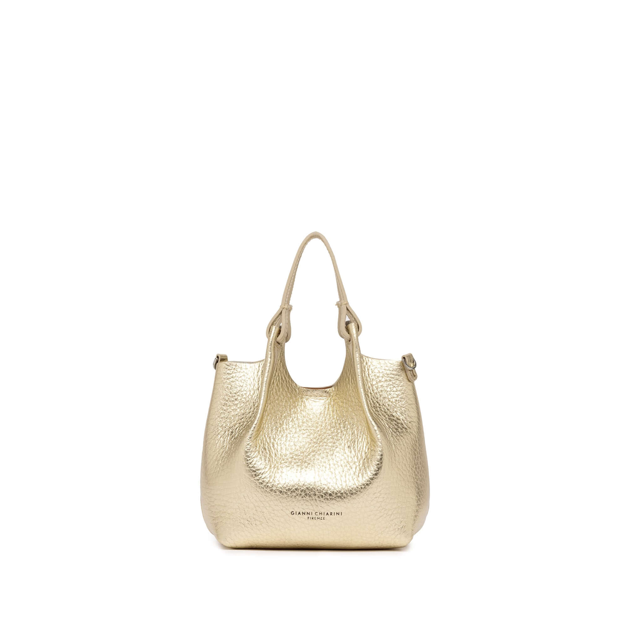 Elegant gold bubble leather handbag with double handles, perfect for elevating any outfit.