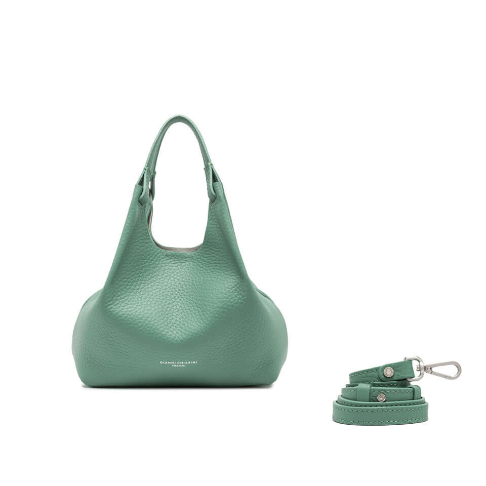 DUA green leather handbag with dual handles and removable strap, stylish and contemporary design.