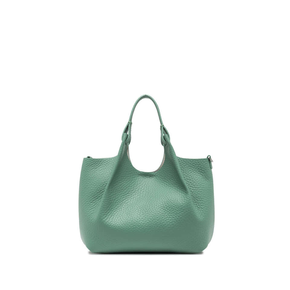 DUA green leather handbag with simple, contemporary design and dual handles.