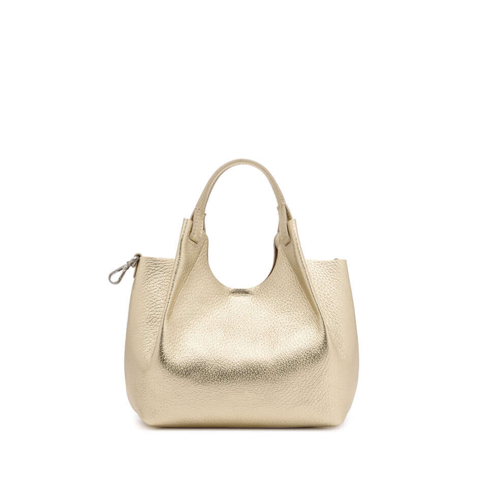 DUA gold leather handbag with double handles and spacious design, perfect for enhancing any outfit.