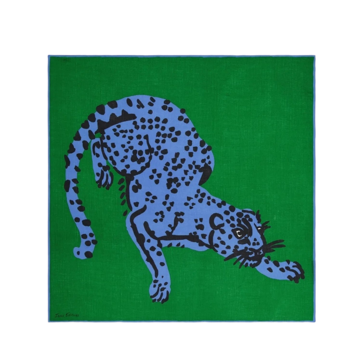 Foulard quadrato Feline Verde con stampa leopardata blu su sfondo verde, misura 130x130 cm.