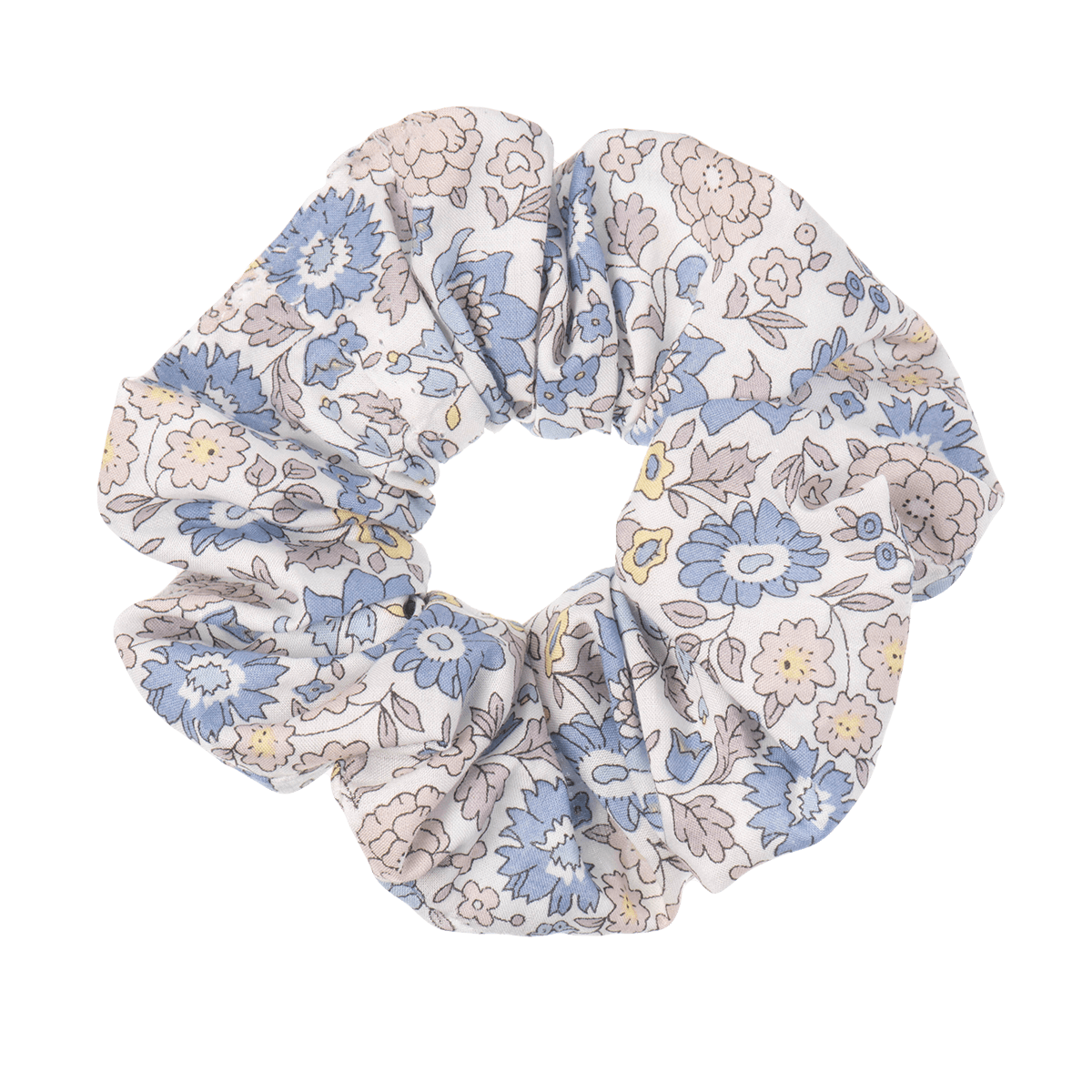 Elastico per capelli Liberty Danjo con stampa fiorita blu e bianca, perfetto per un look elegante e vivace.