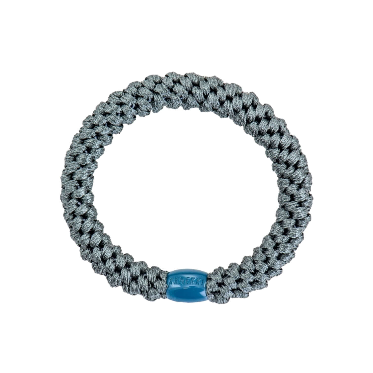 Pine elastico capelli in poliestere e gomma, accessorio per capelli colore grigio con dettaglio blu.