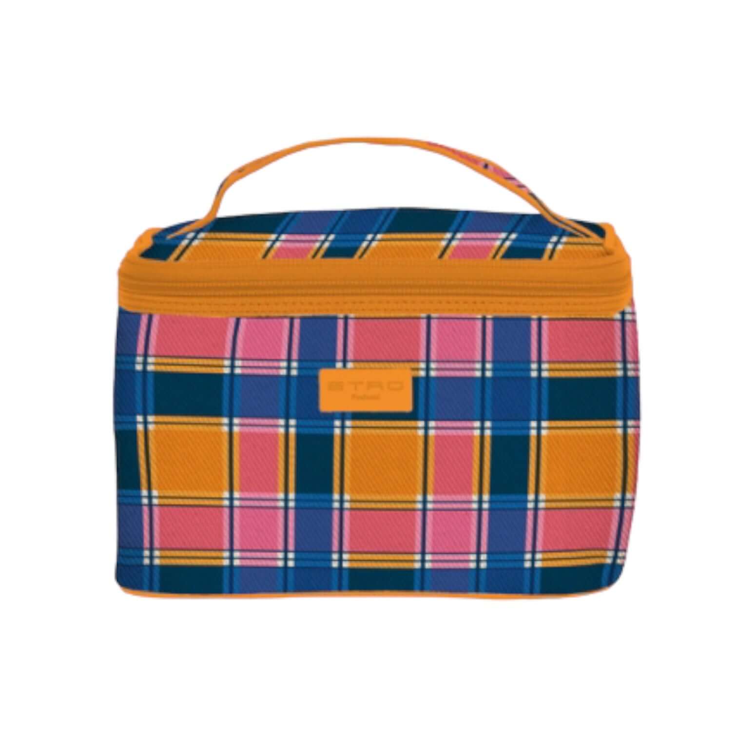 Beauty Case with a colorful plaid design, featuring a handle and ETRO tag, perfect for organizing cosmetics and beauty accessories.