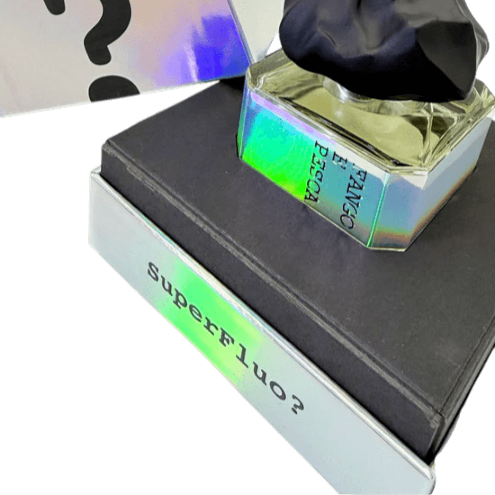 FANGO E PESCA fragrance displayed in a holographic box, showcasing its unique packaging and design by Filippo Sorcinelli.
