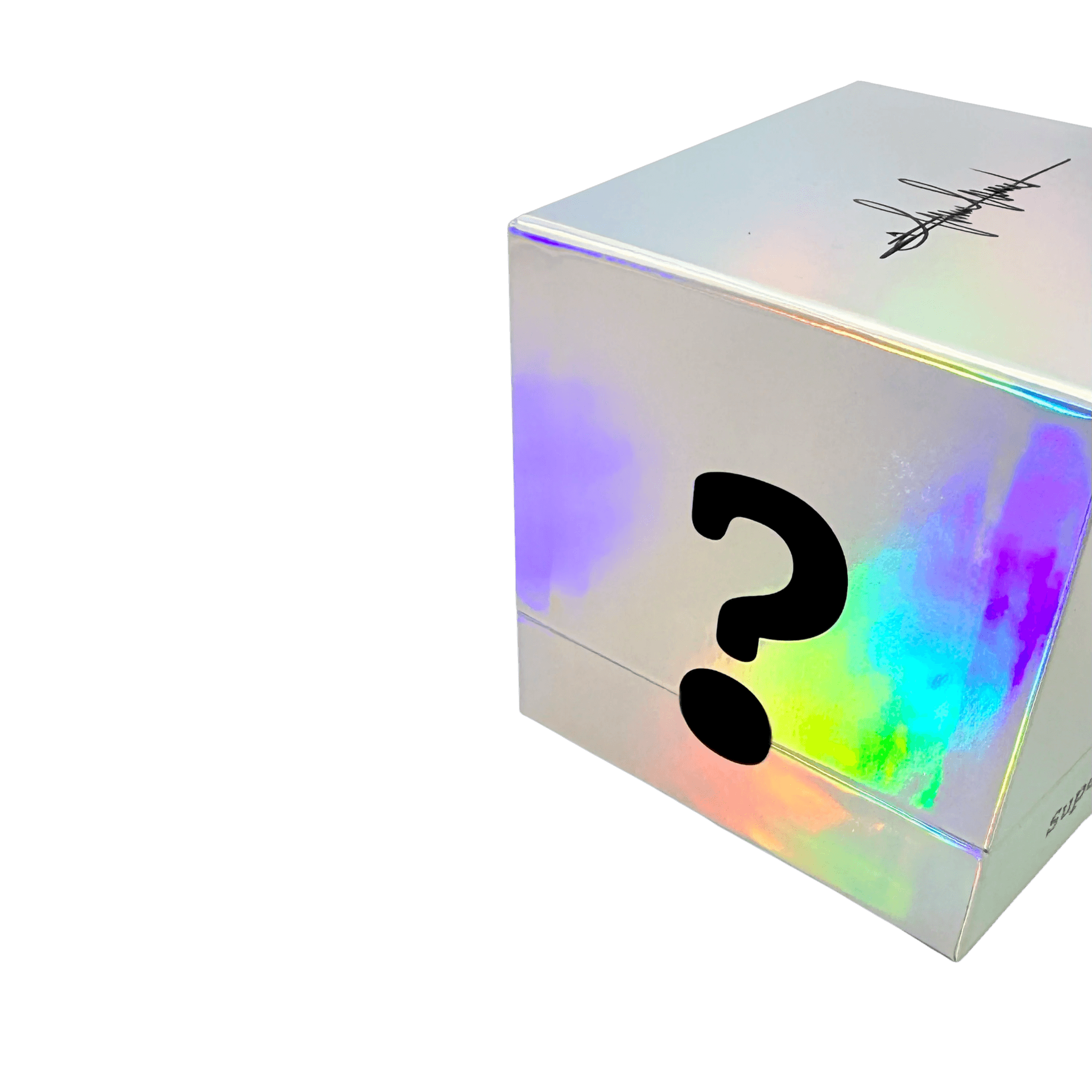 Confezione riflettente misteriosa con punto interrogativo, rappresentante il profumo FANGO E PESCA di Filippo Sorcinelli.