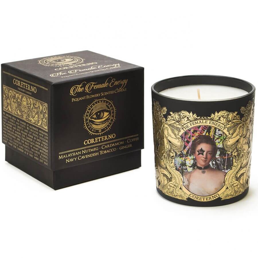 The Female Energy Candela with luxurious packaging showcasing floral scent profile and artistic design.