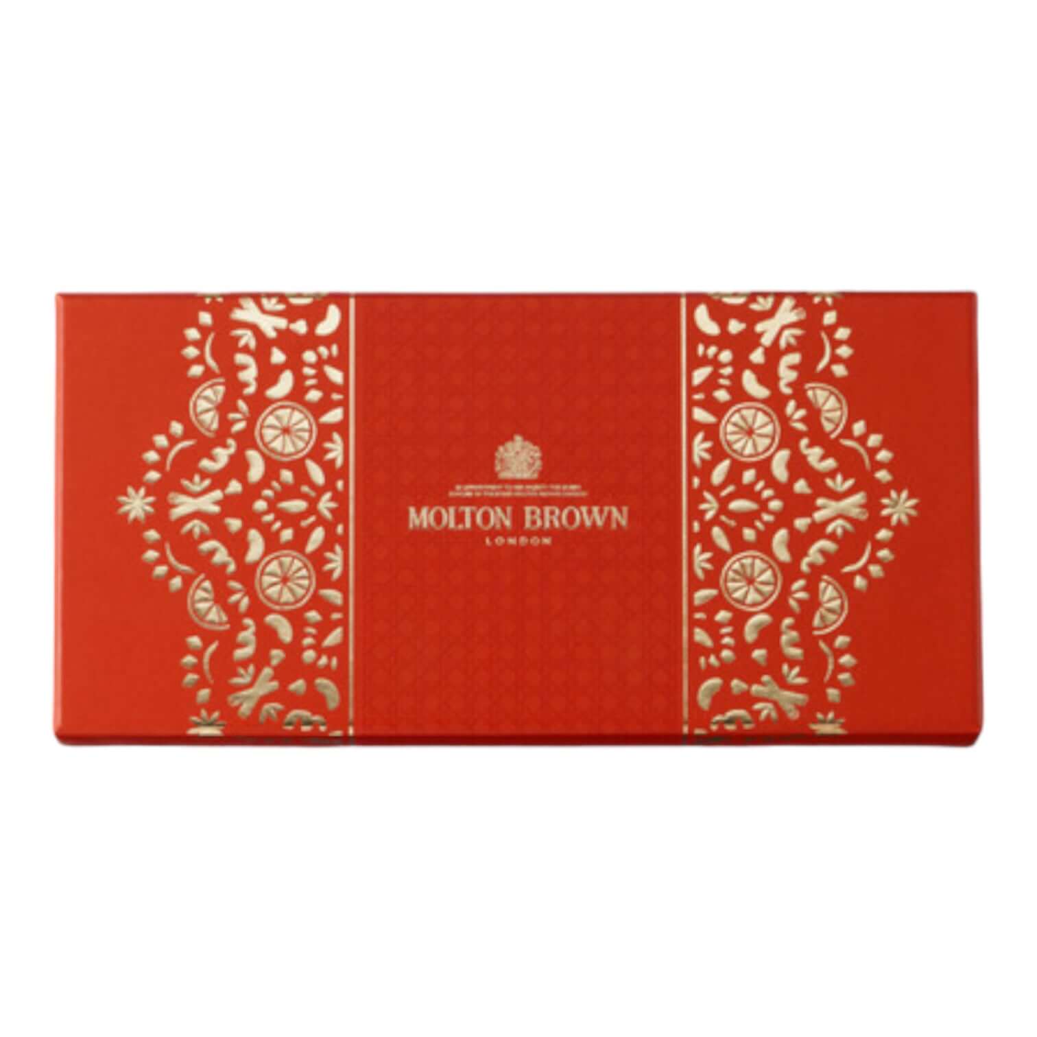 Festive Bauble Gift Set by Molton Brown, elegantly designed red packaging with golden accents.