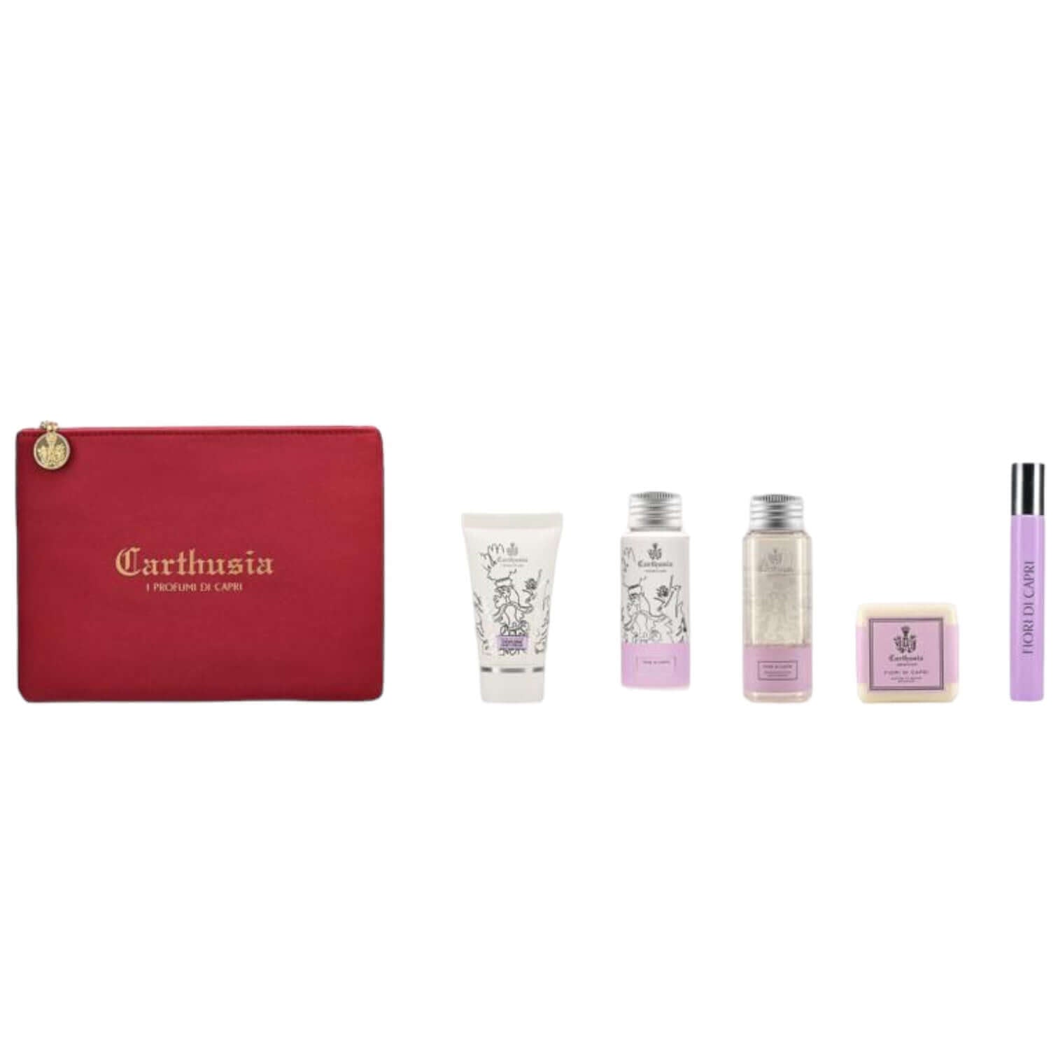 Fiori di Capri gift set in red and gold pouch, includes Eau de Parfum, Body Wash, Body Cream, Hand Cream, and Bath Soap.