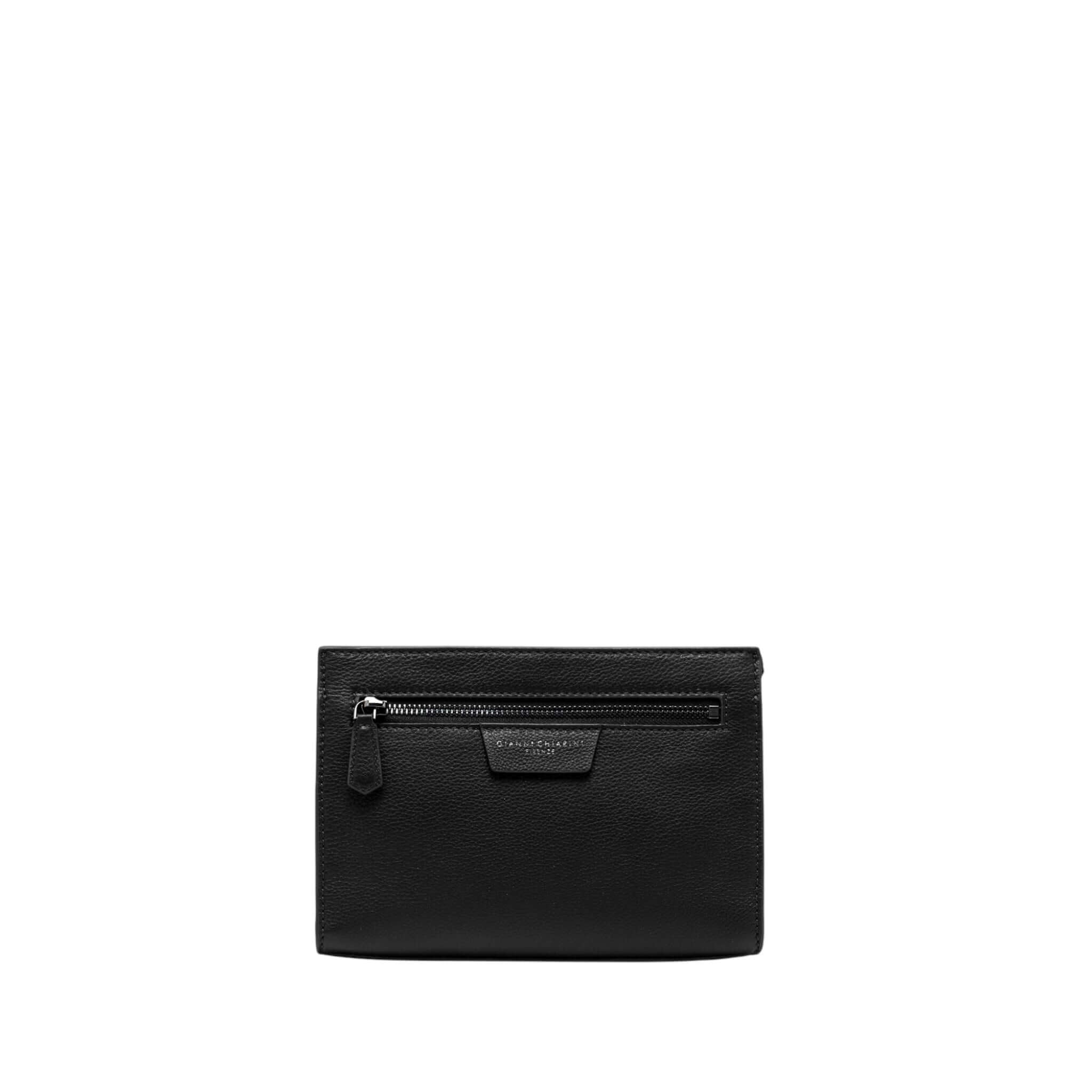Florence black leather pouch, compact and essential, perfect for evening occasions, features zip compartment and front pocket.