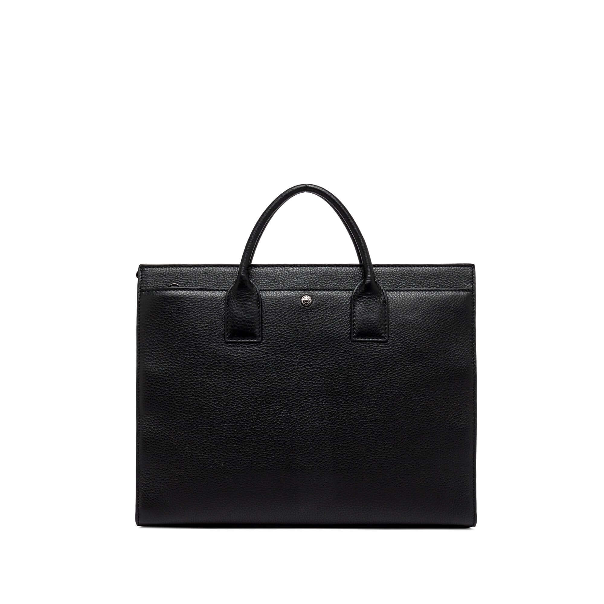 Black leather bag with two handles and zip closure, stylish and practical for contemporary men.