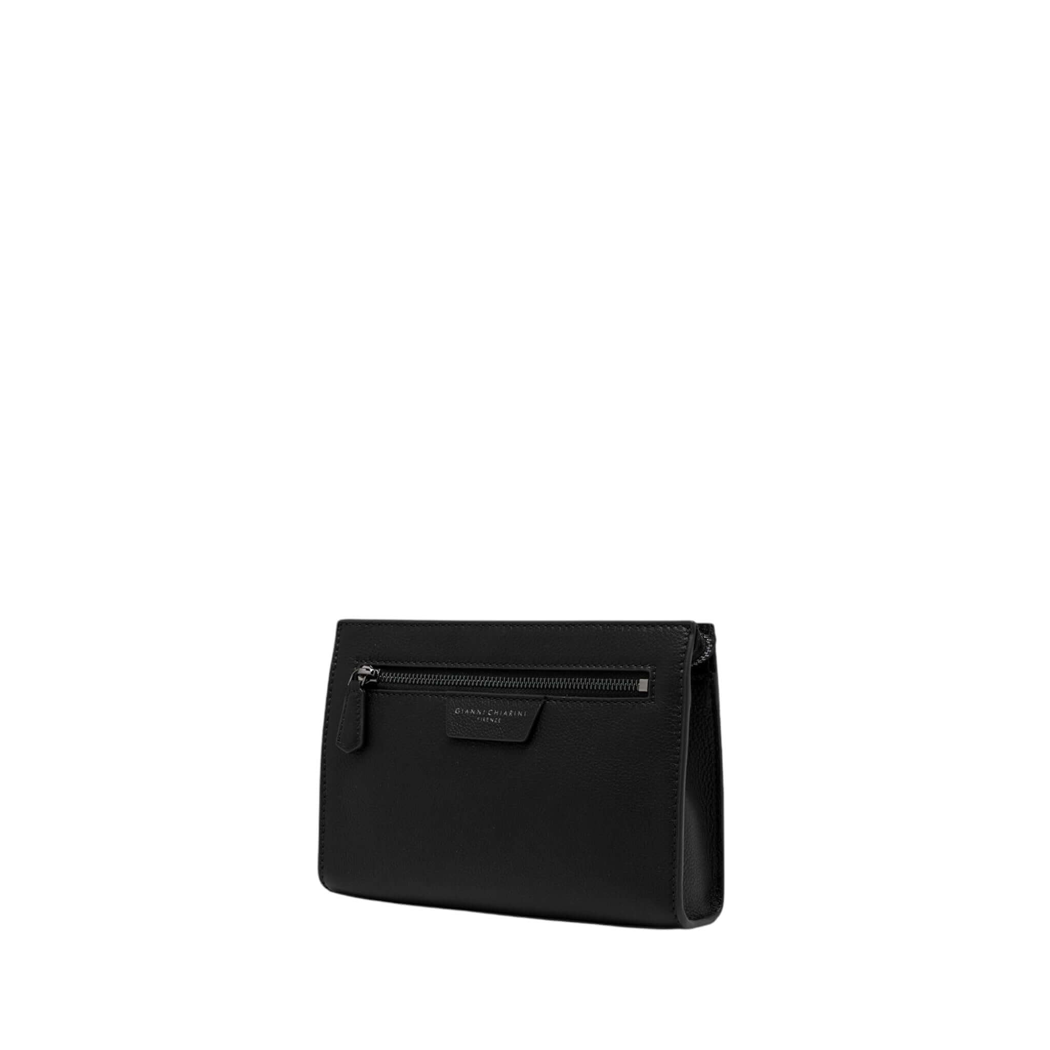 Minimal black leather pochette Florence, compact and stylish, ideal for evening occasions.