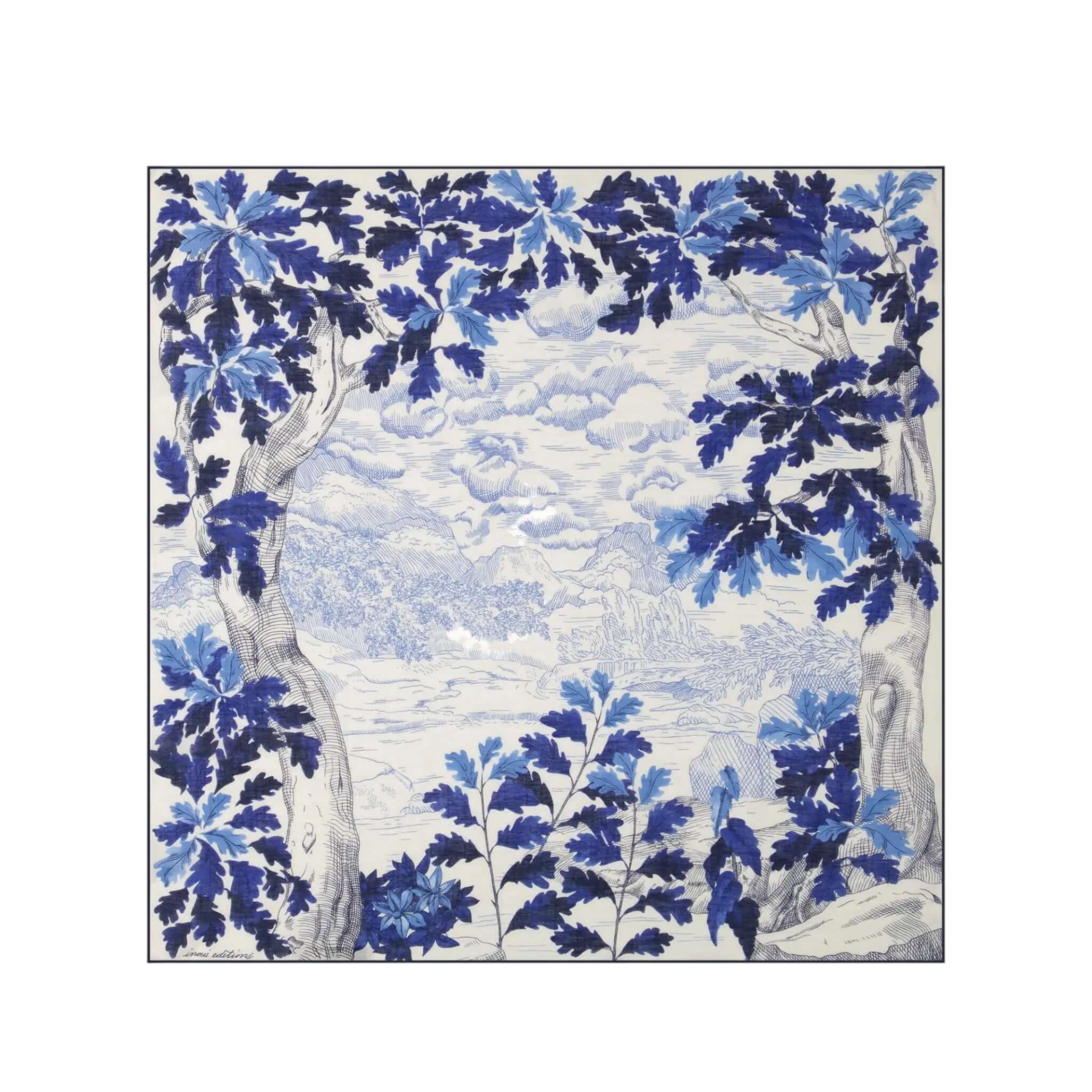Foulard Quadrato Amboise con stampa a mano di foglie blu e paesaggio, disponibile in varie dimensioni, lavabile a 30°.