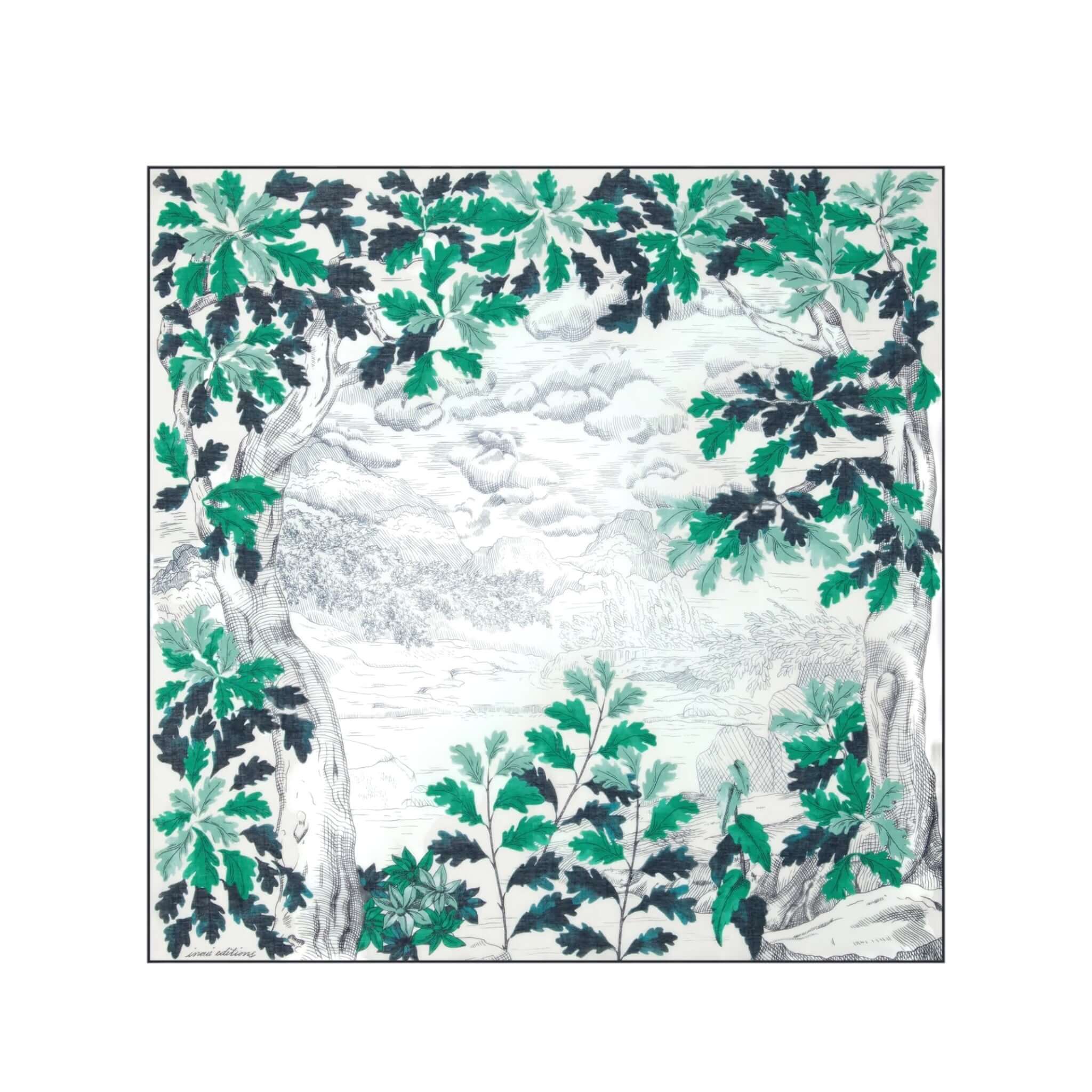 Foulard Quadrato Amboise con design floreale verde e nero, stampato a mano, elegante e raffinato.