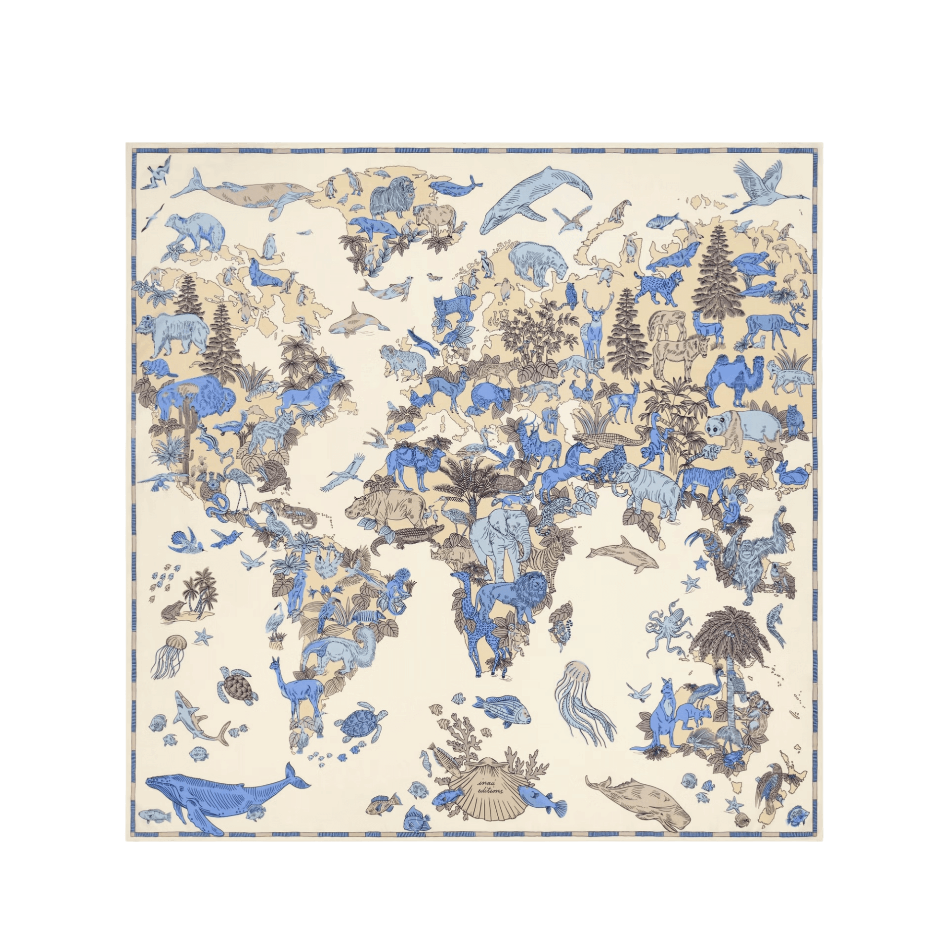 Foulard quadrato in seta con mappa del mondo e animali in blu e beige, perfetto per ogni outfit.