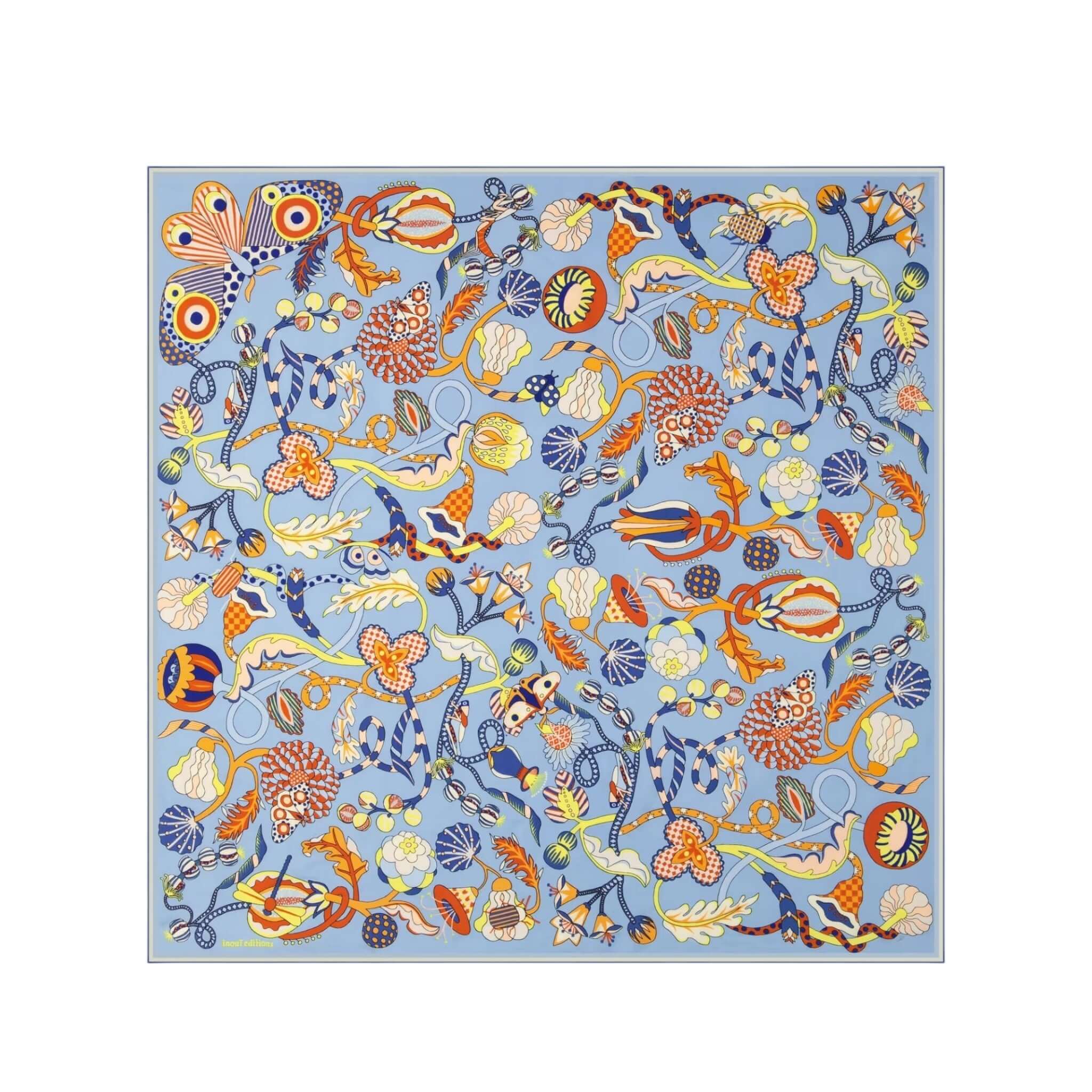 Foulard quadrato Botanique con stampa colorata su sfondo azzurro, ideale per collo, capelli o come top.