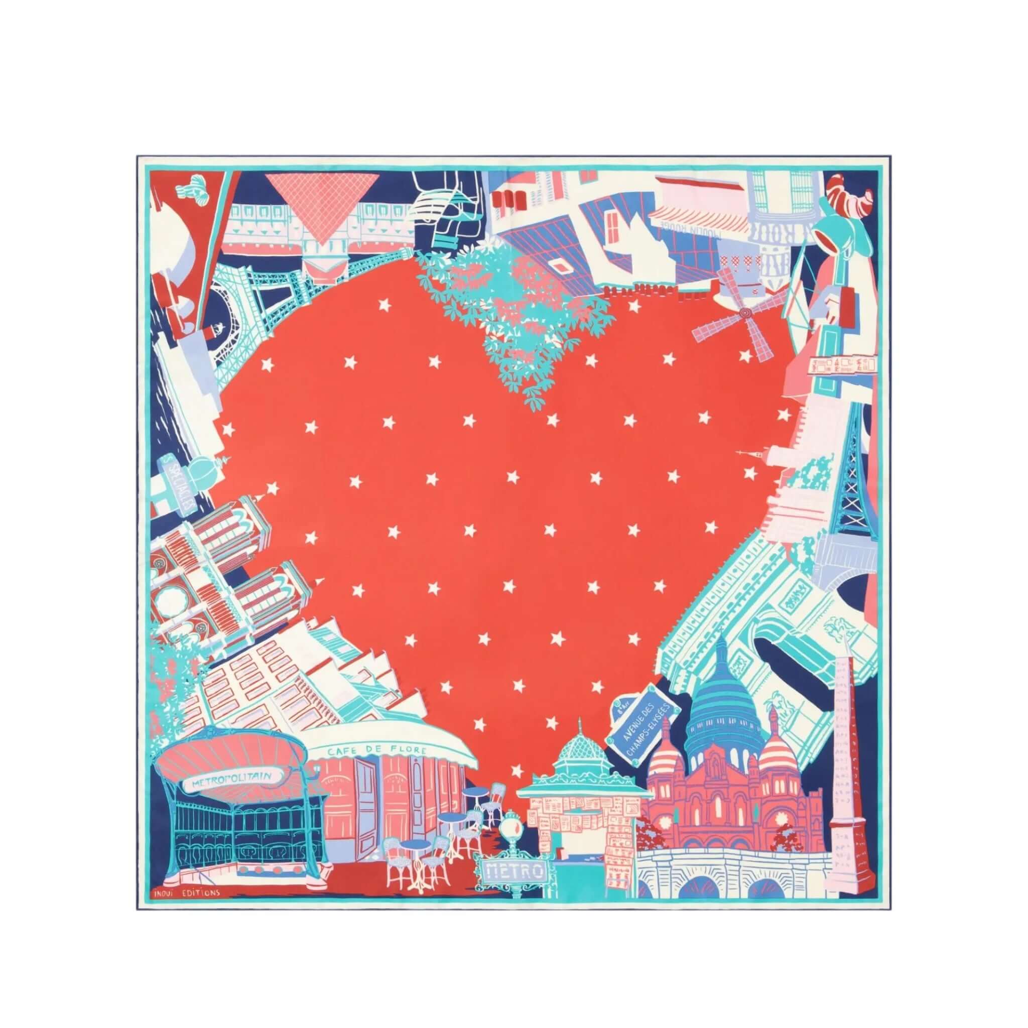 Foulard quadrato J'aime Paris con design a cuore e motivi parigini, realizzato in seta stampata a mano.