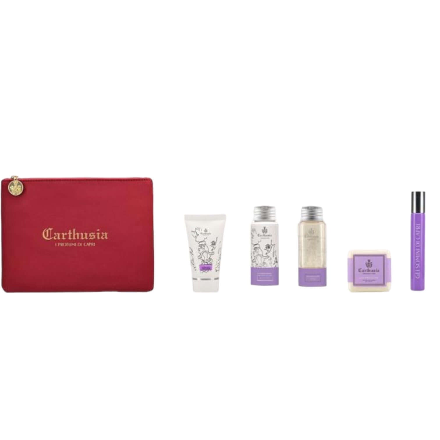 Gelsomini di Capri Kit in red and gold pouch with Eau de Parfum, Body Cream, Shower Gel, Hand Cream, and Bath Soap.