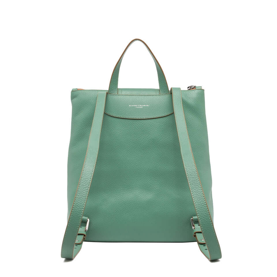 Giada green leather backpack by Gianni Chiarini Firenze with adjustable straps and zip closure.