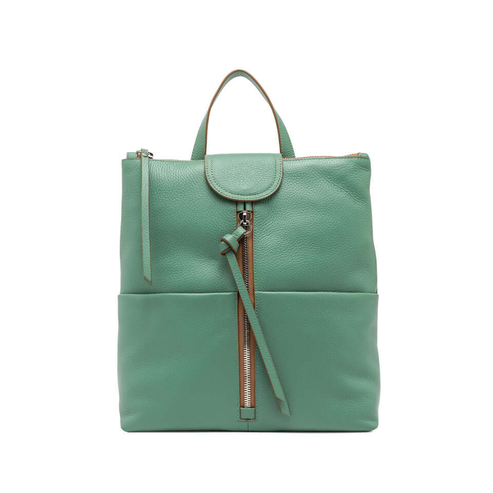 Giada by Gianni Chiarini Firenze, green leather backpack with zip closure and adjustable straps.