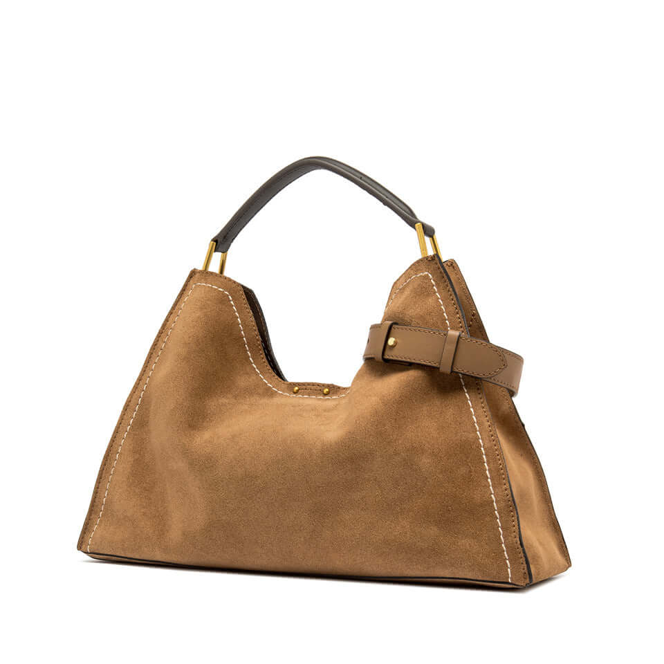 AURORA by Gianni Chiarini, trapezoid suede bag with adjustable strap and contrast stitching.