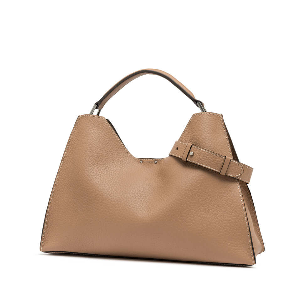 AURORA by Gianni Chiarini, trapezoidal handbag in textured leather, elegant design with adjustable strap.