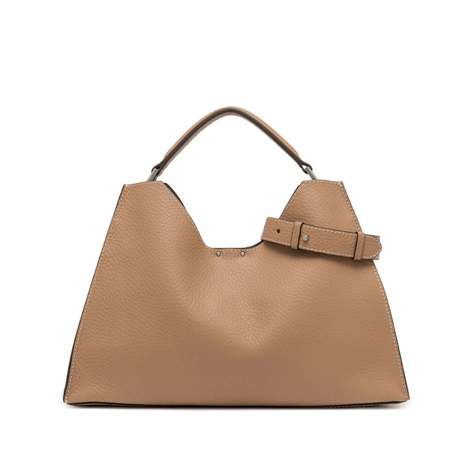 AURORA handbag by Gianni Chiarini, trapezoidal shape, made of smooth leather with metal details.