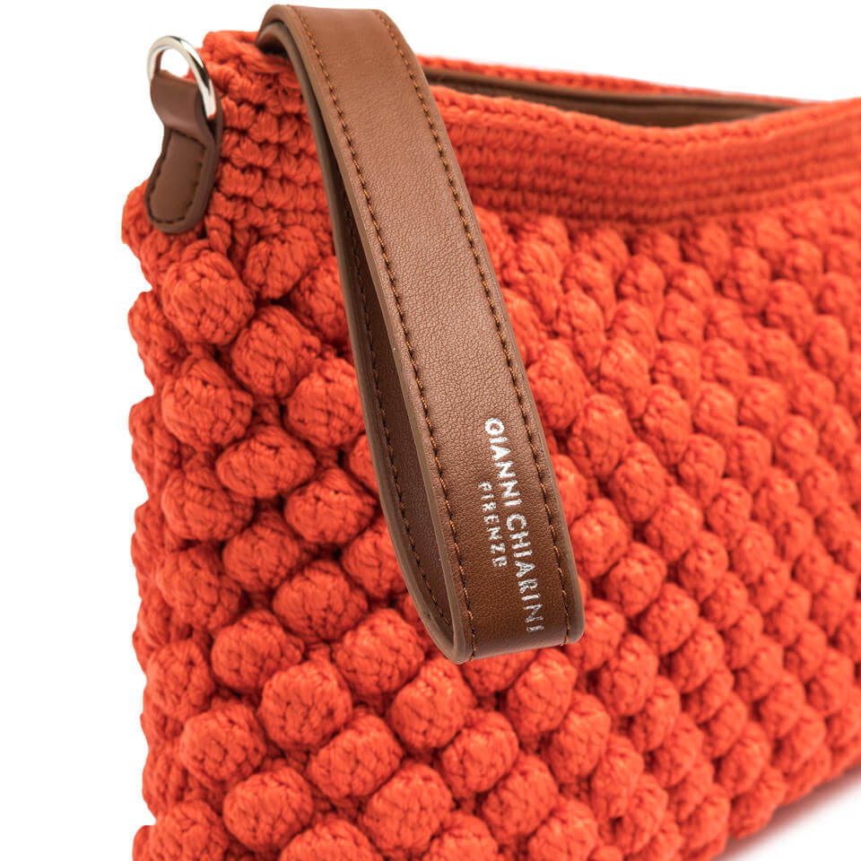 Pouch Bella by Gianni Chiarini Firenze in orange bubble texture with brown leather details and adjustable strap.
