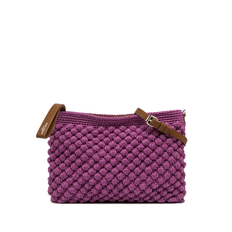 Bella pouch by Gianni Chiarini Firenze, handmade bubble-effect fabric, purple with leather details and adjustable strap.