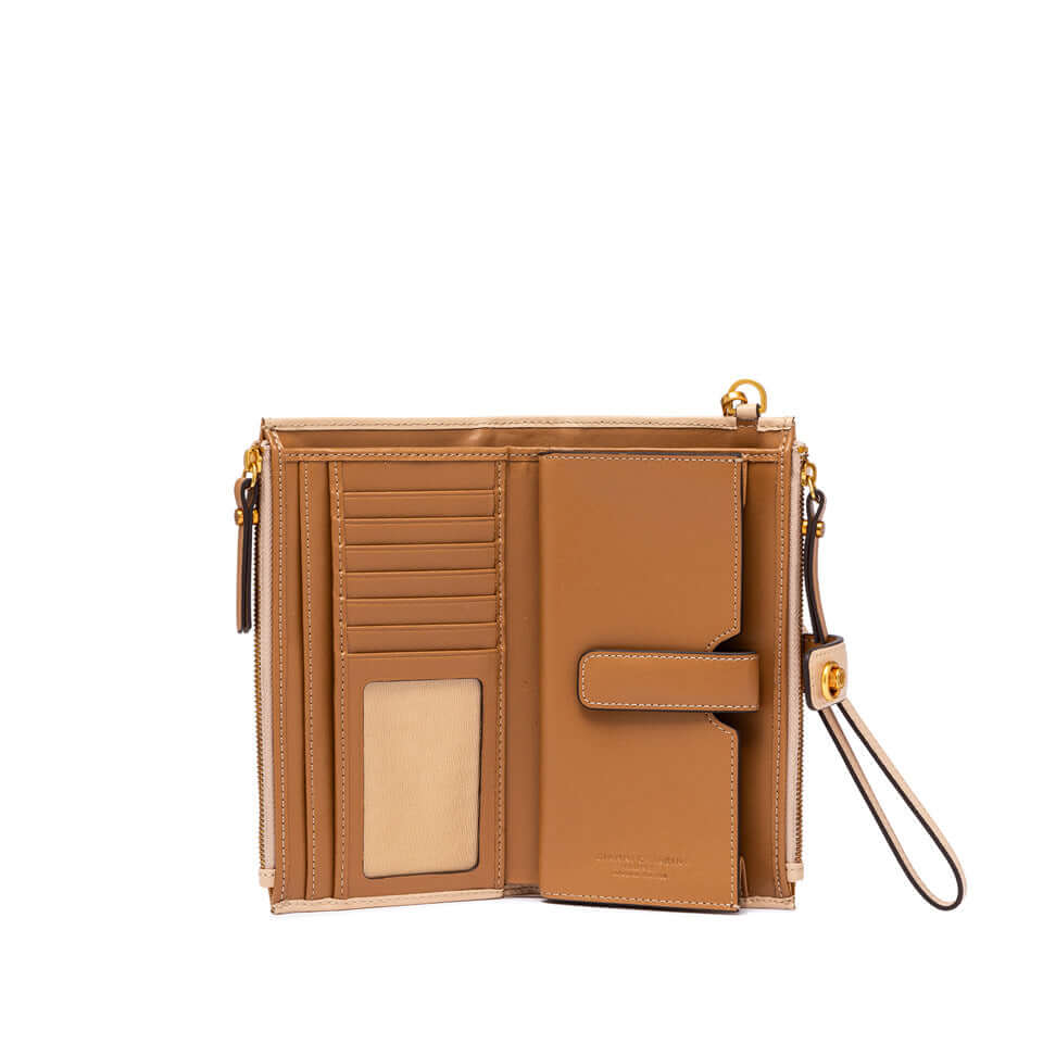 Gianni Chiarini Firenze calf leather wallet in tan, featuring a zip closure, card slots, and removable wrist strap.