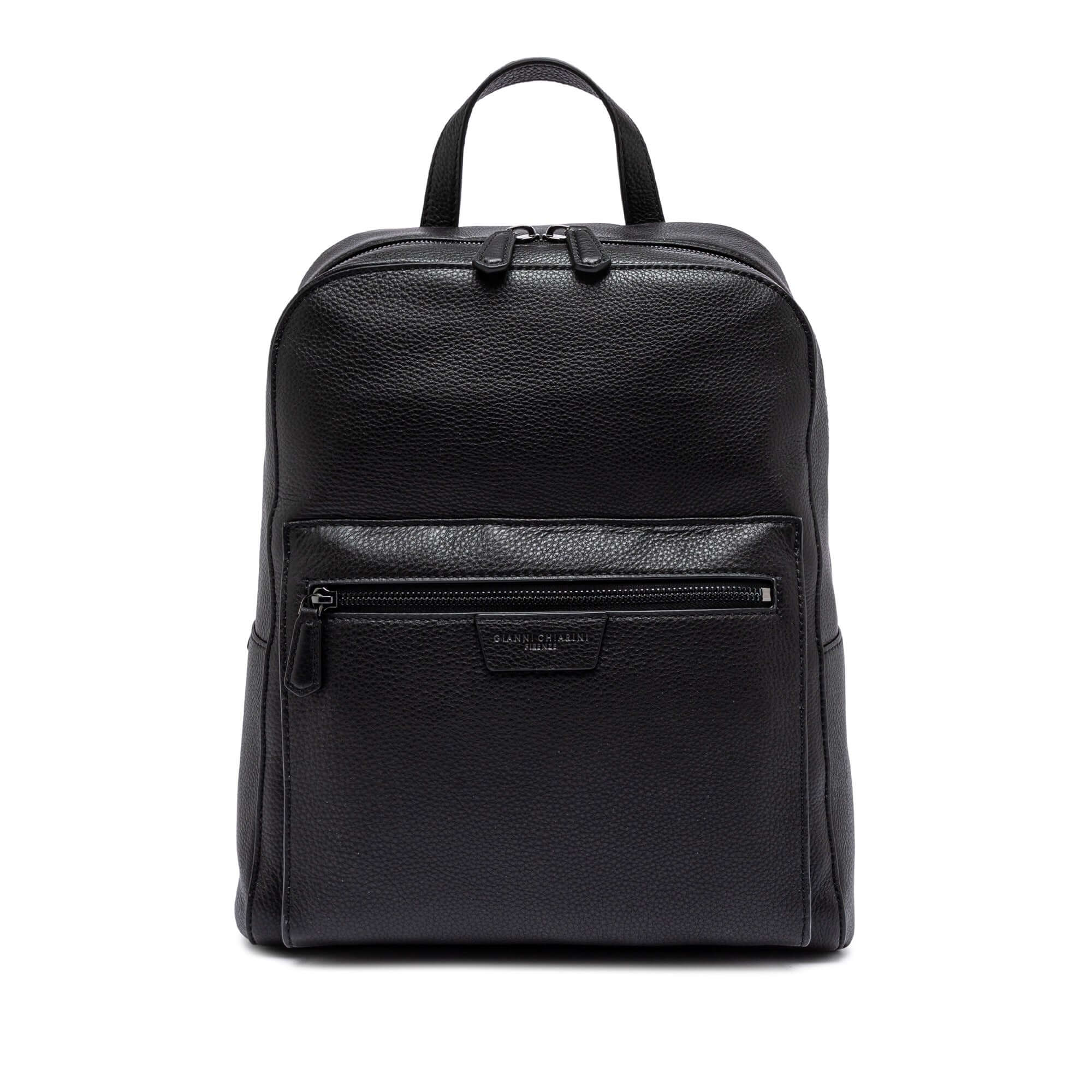 Stylish black leather backpack by Gianni Chiarini Firenze, featuring a zip closure and front pocket for daily use.