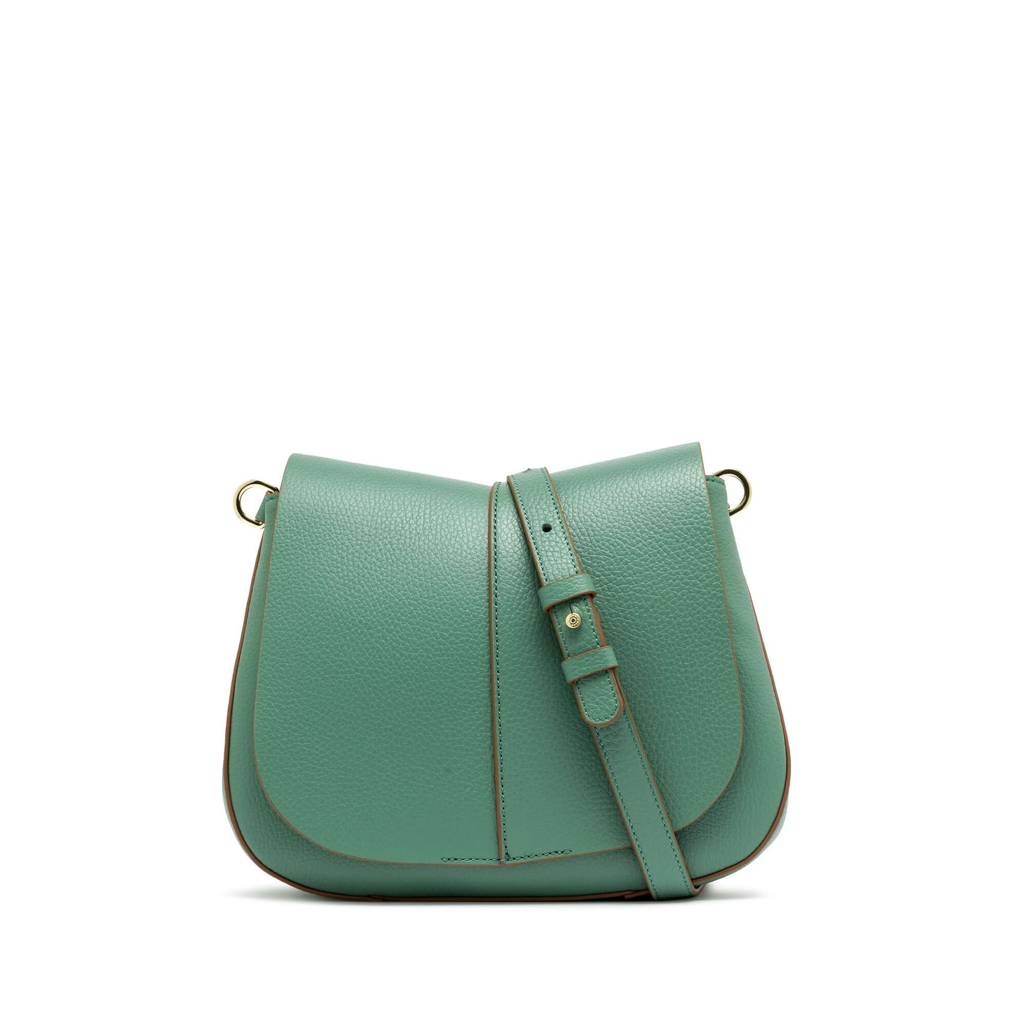 Helena Round bag by Gianni Chiarini Firenze in green textured leather with adjustable strap and contemporary design.