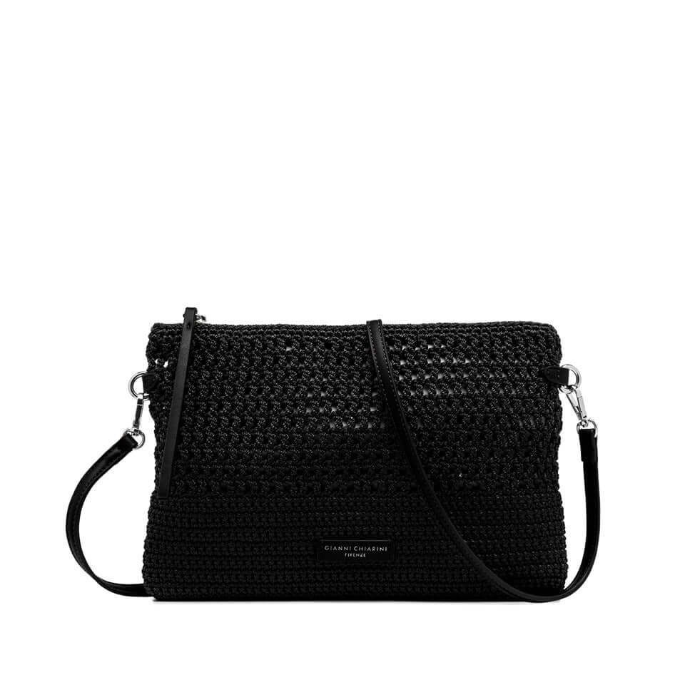 Pochette Victoria di Gianni Chiarini Firenze in tessuto uncinetto nero con tracolla in pelle