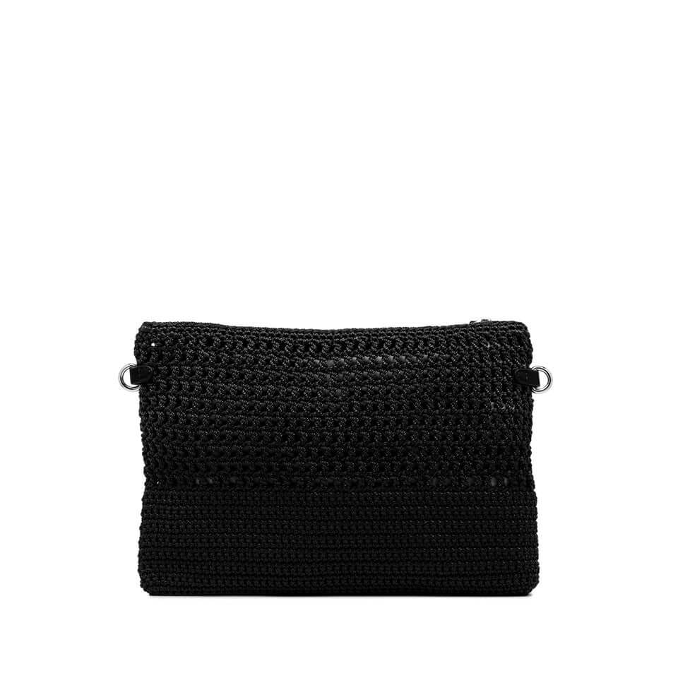 Pochette Victoria di Gianni Chiarini Firenze in tessuto uncinetto nero con dettagli in pelle.