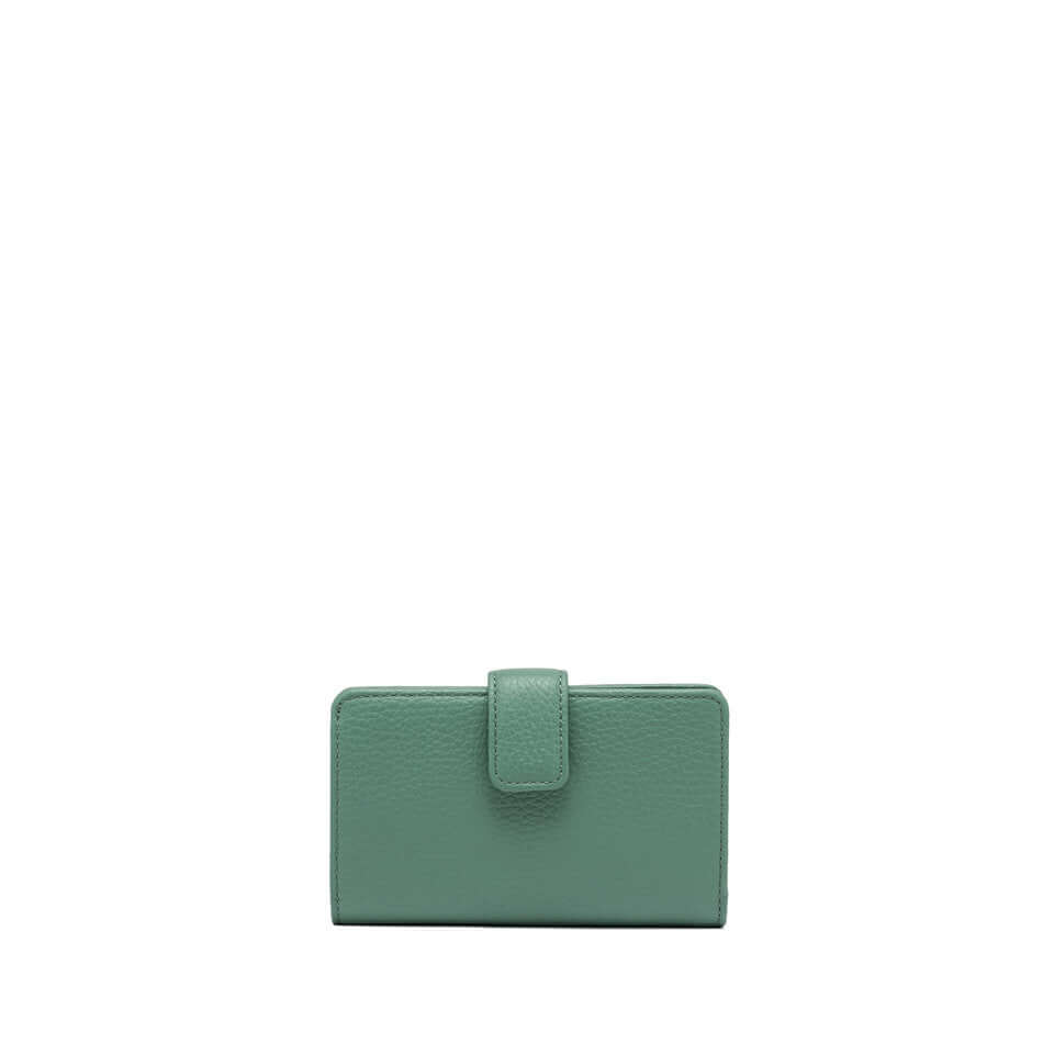 Green leather wallet by Gianni Chiarini Firenze with snap closure and multiple interior pockets.