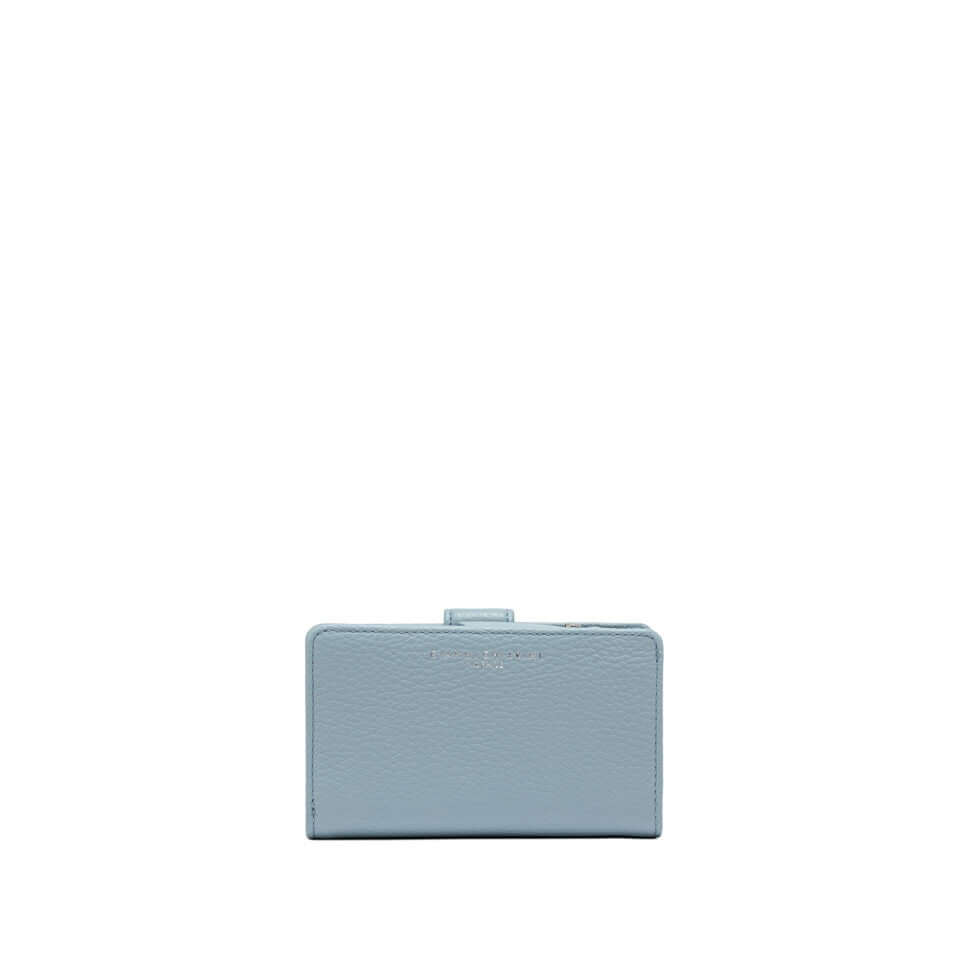 Light blue wallet by Gianni Chiarini Firenze, made of soft hammered leather, featuring a top flap closure.