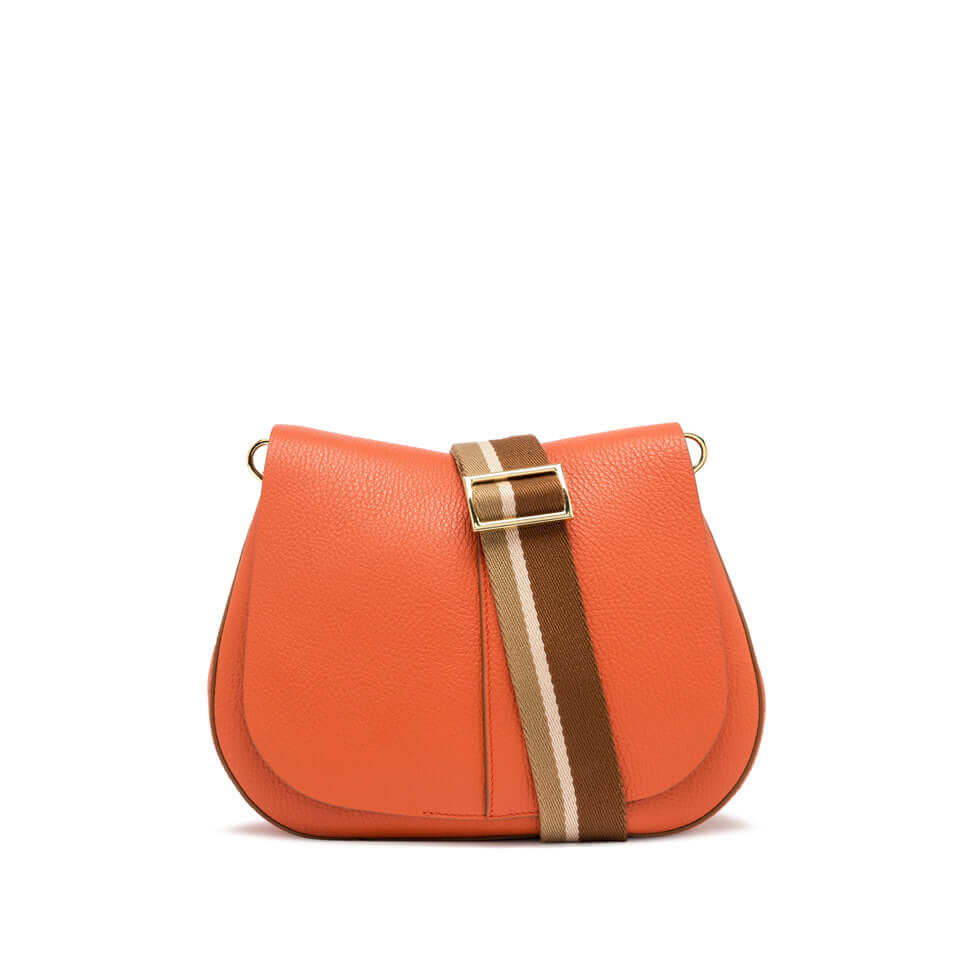 Chic orange leather handbag with stylish strap and gold buckle accents, featuring a structured design.