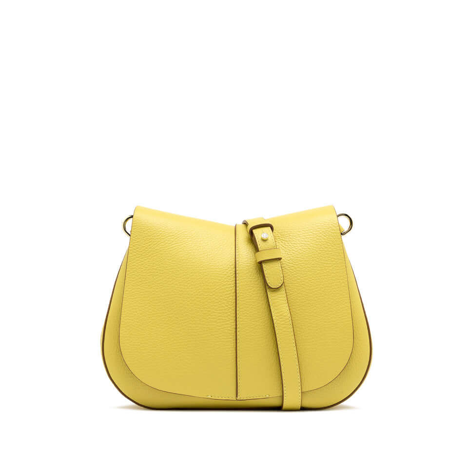 Iconic Helena Round bag by Gianni Chiarini Firenze, structured design, yellow pebbled leather, dual portability, stylish and practical.