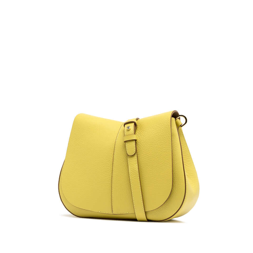 Yellow Helena Round handbag by Gianni Chiarini Firenze, made of textured leather with a chic design and adjustable strap.